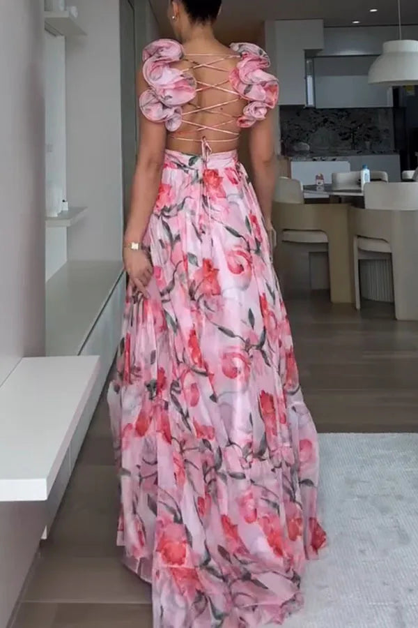 Elegant V-Neck Floral Silk-Laminate Maxi Dress – Summer 2025 Edition