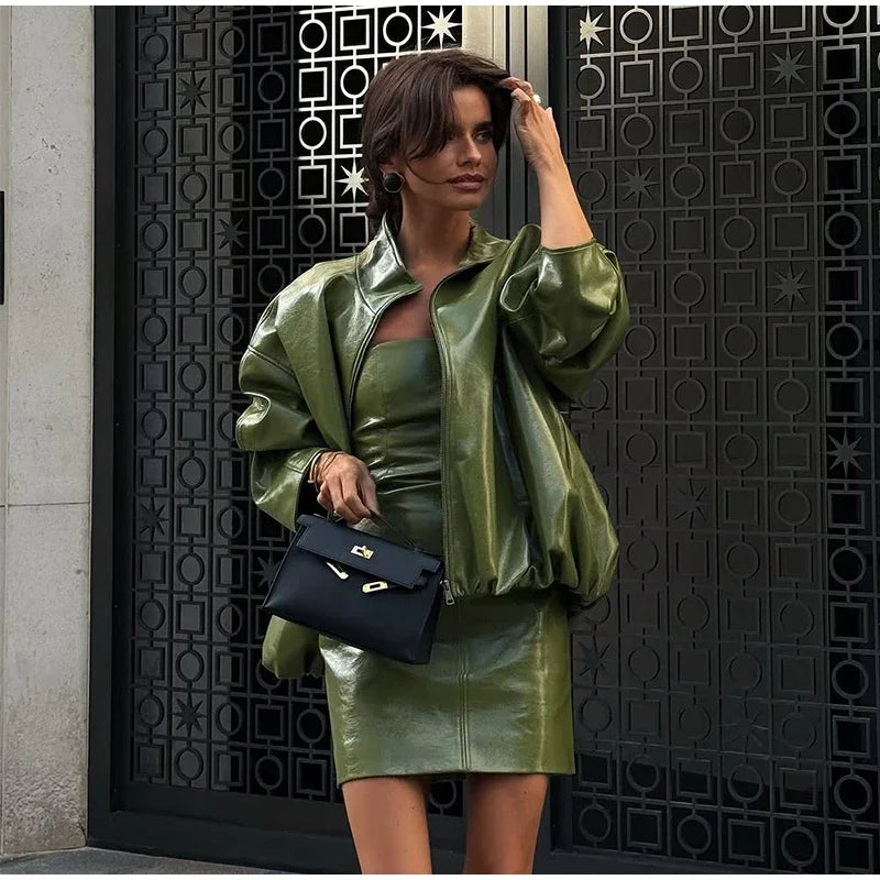 Vintage Green Leather Skirt Sets Women Fashion Solid Strapless Short Skirts Zipper Jacket Outfits Lady Daily Highstreet Outfits
