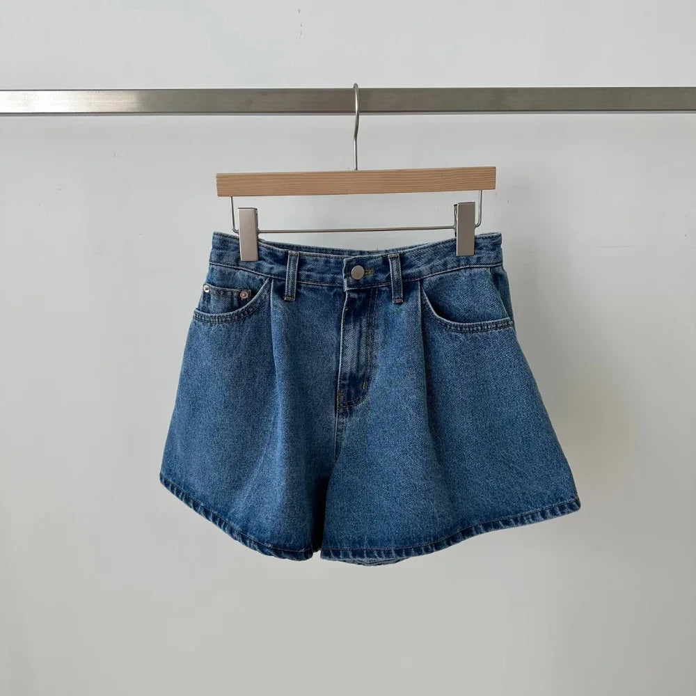 High-Waist Washed Denim Wide-Leg Shorts -Made Casual Blue Jean Shorts