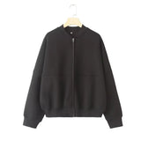 HH Women's Fall 2-Piece Retro Solid Color Zip Bomber Jacket Sweatshirt+High Waist Lace Up Women's Wide Leg Pants Street Wear
