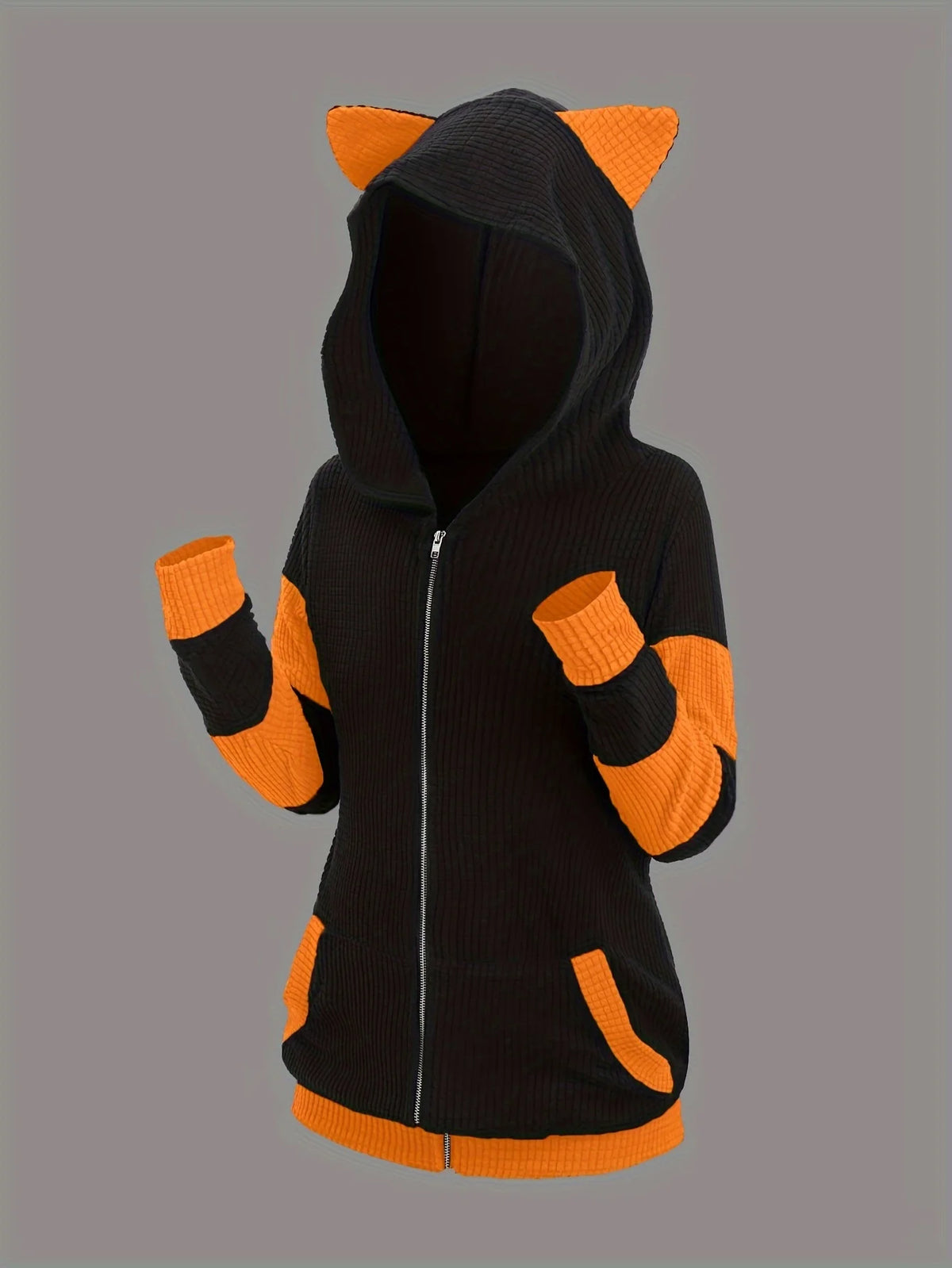 Women's Cat Ear Colorblock Zip-Up Hoodie