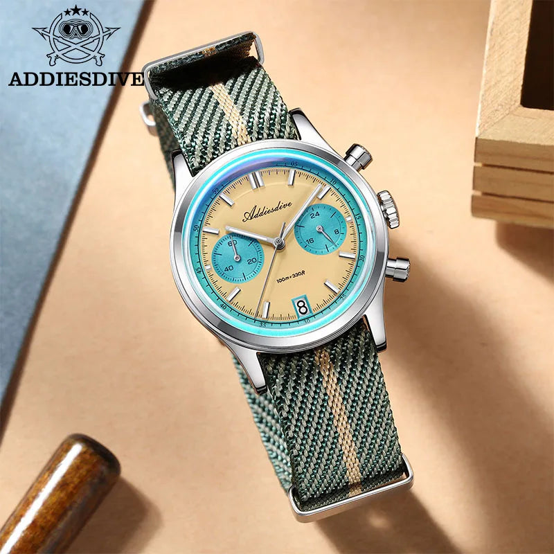 ADDIESDIVE Men's Quartz Chronograph Watch Luminous Bubble Glass 100m Waterproof Nylon Strap Watches For Man AD2095 Fashion Watch