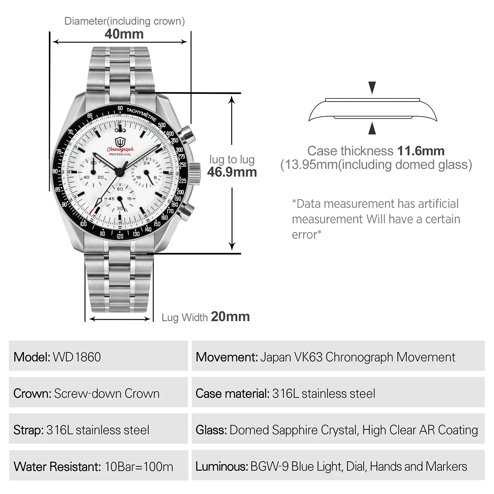 Watchdives WD1860 Watch VK63 Chronological Movement Stainless Steel Watch Sapphire AR Coating Night Light Retro Watches