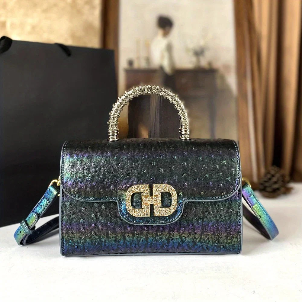 Advanced Ostrich Pattern Diamond Inlaid Women's Handbag New Fashionable High-End Shoulder Crossbody Bag