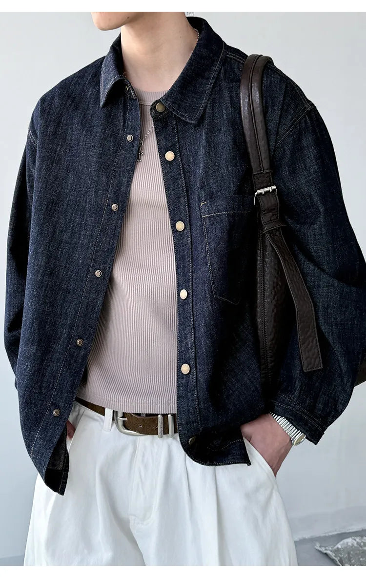 Men's American Vintage Washed Raw Denim Work Shirt Loose Fit Casual Trendy Overshirt Coat Premium Lyocell Spring Fall Streetwear