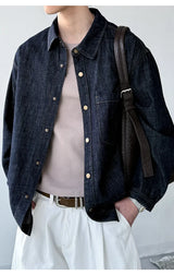 Men's American Vintage Washed Raw Denim Work Shirt Loose Fit Casual Trendy Overshirt Coat Premium Lyocell Spring Fall Streetwear
