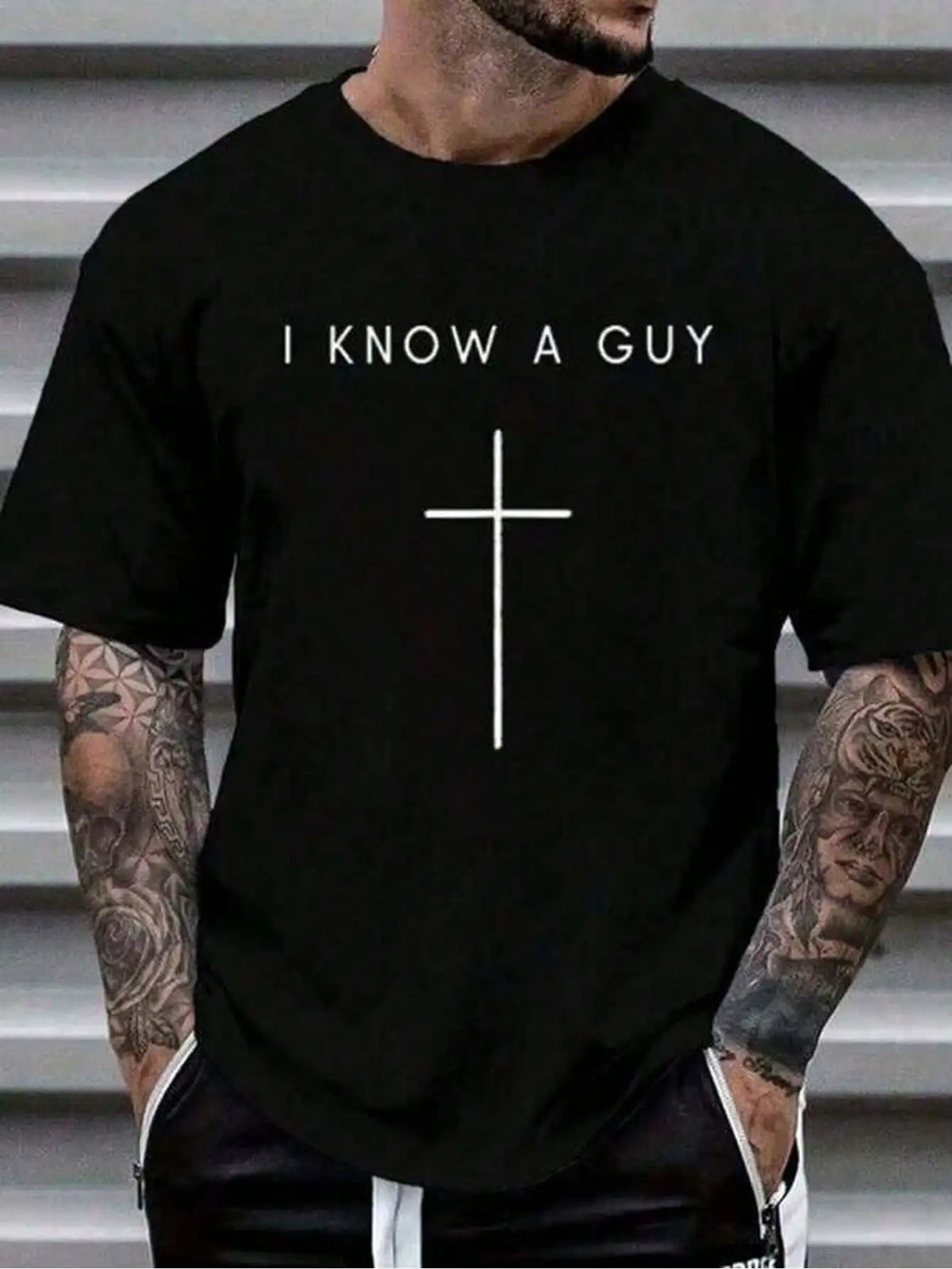 1pc Mens Clothes Cross Inscription Print Black TShirt, Unisex Casual Crew Neck Tshirt, Plus Size Men's Clothing 5XL, Lightweight 180gsm Knit Fabric,