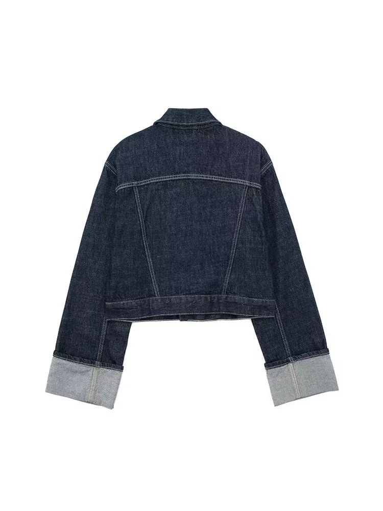 Vintage Denim Blue Jacket – Chic Single-Breasted Outfits with Pockets