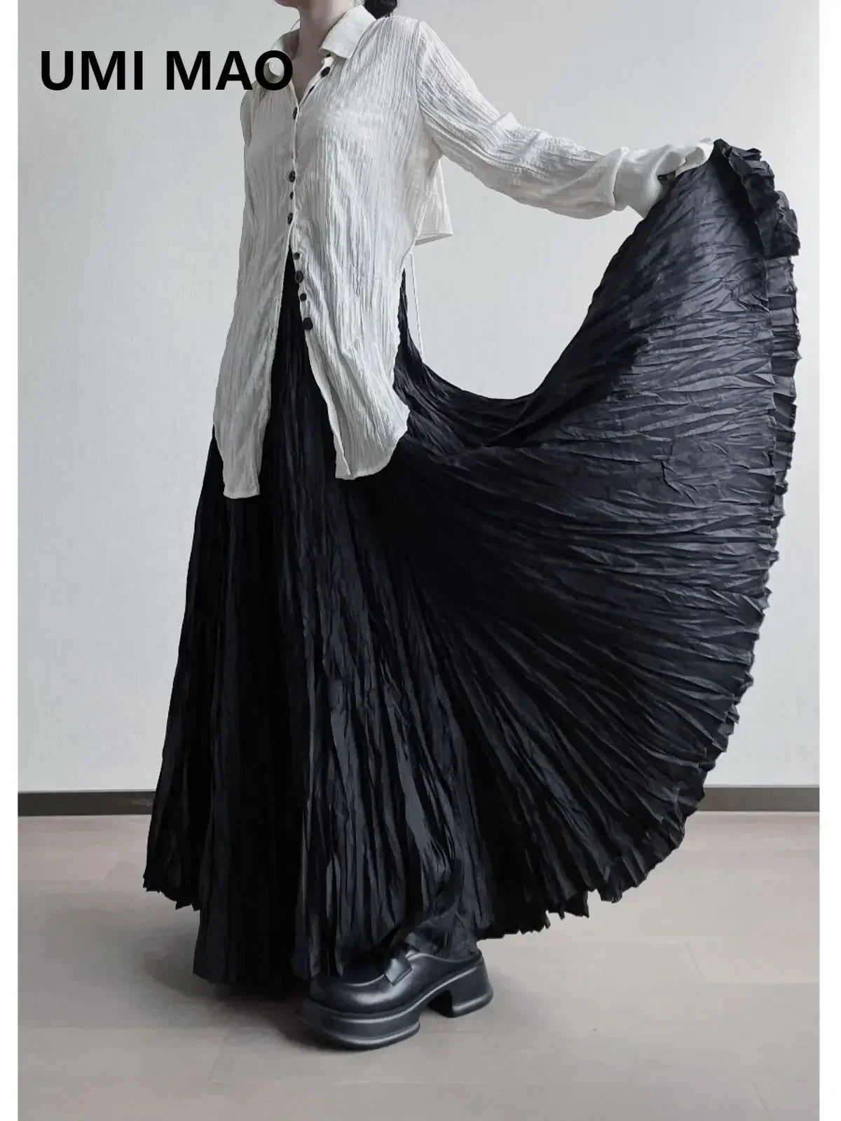UMI MAO Irregular Fold Maxi Skirt – Elegant A-Line