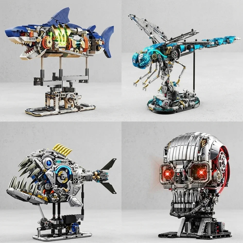 Mechanical Animal Technical Building Blocks, Light MOC Assembly Bricks, Shark Dragonfly Skull Piranha 4 Styles Adults Kids Gift