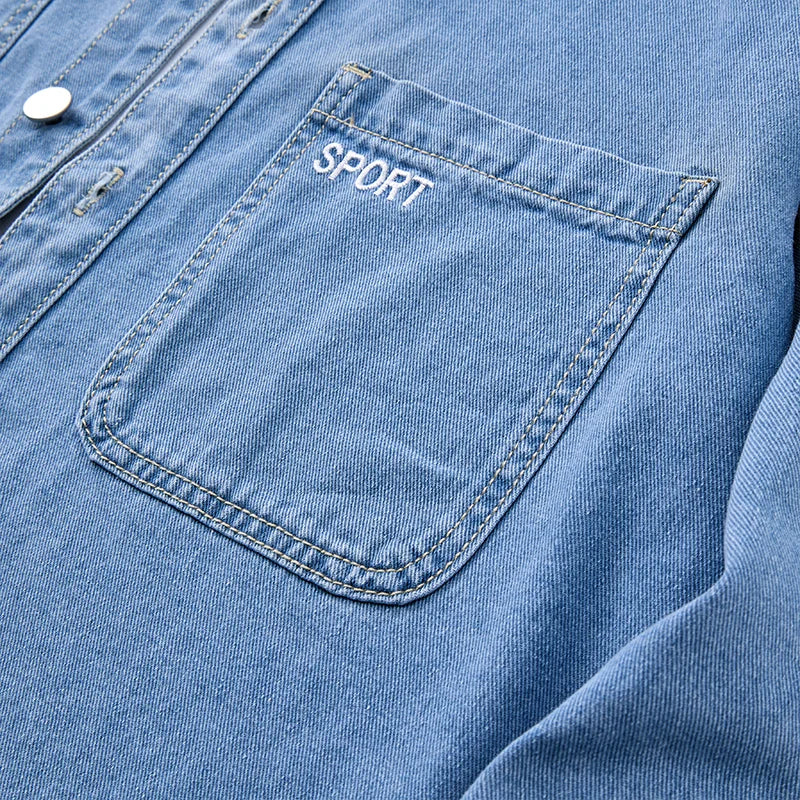 Heavy duty washed denim jacket for men vintage blue lapel long sleeved shirt style jacket casual and loose outer wear