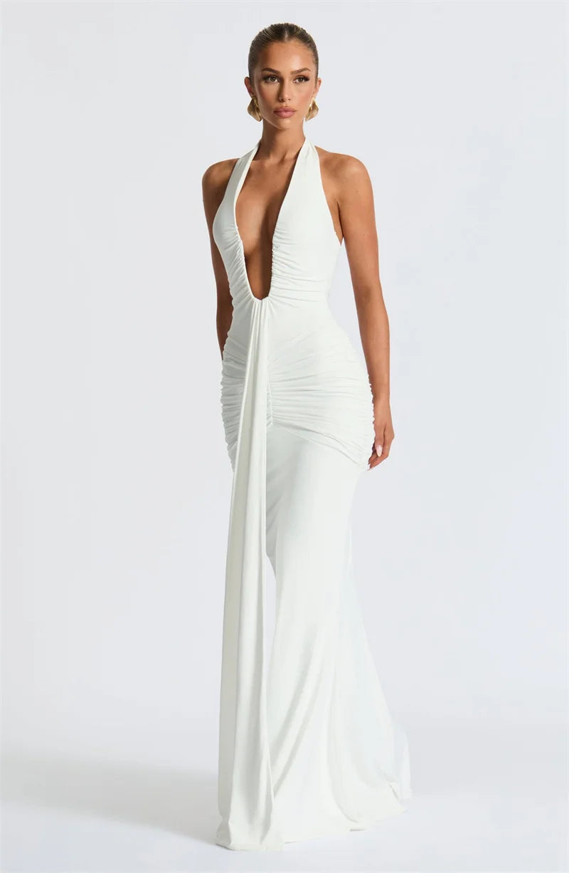 Elegant Deep V-Neck Halter Maxi Dress