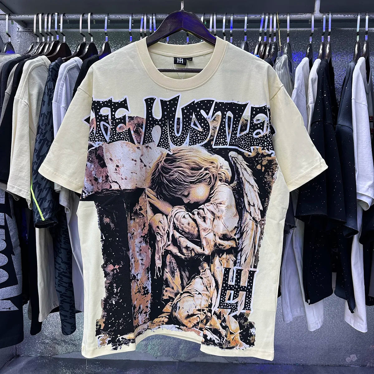 Oversized Rhinestone Cotton Crew Neck T-Shirt