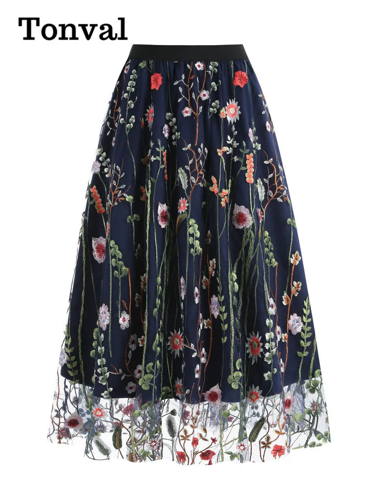 Tonval Floral Embroidered Mesh Midi Skirt – Elegant & Vintage