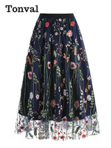Tonval Floral Embroidered Mesh Midi Skirt – Elegant & Vintage