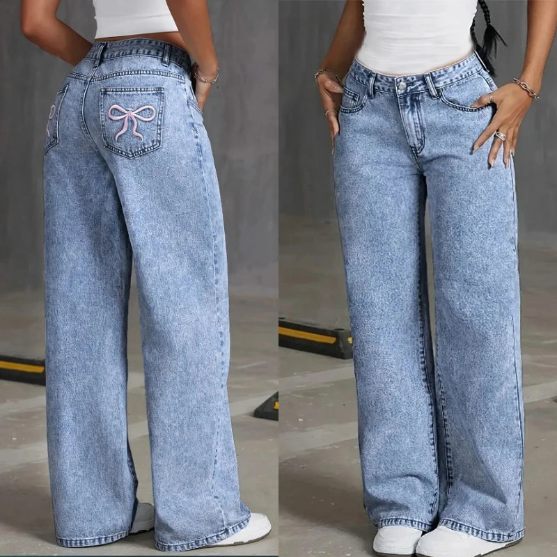 Bow-Embroidered High-Waisted Wide Leg Jeans