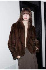 Women's Short Faux Fur Coat with Stand Collar