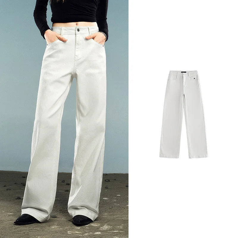 TOYOUTH Women Denim Jeans 2025 Autumn New Lycra Stretch Washed Wide Leg Straight Long Pants