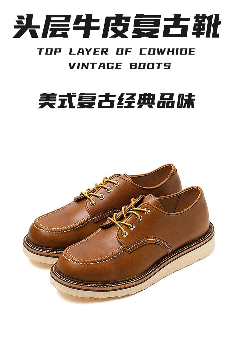 KOWM cow leather Hiking shoes Brown trekkin boots men  low cut workwear big toe shoes trendy casual ankle shoes walking sneakers