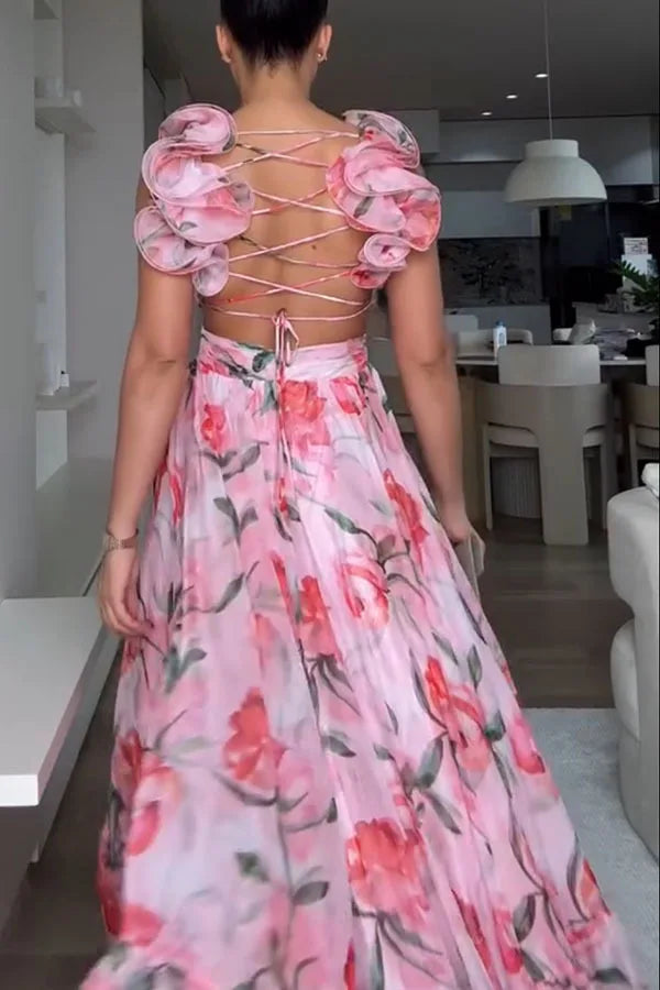 Elegant V-Neck Floral Silk-Laminate Maxi Dress – Summer 2025 Edition