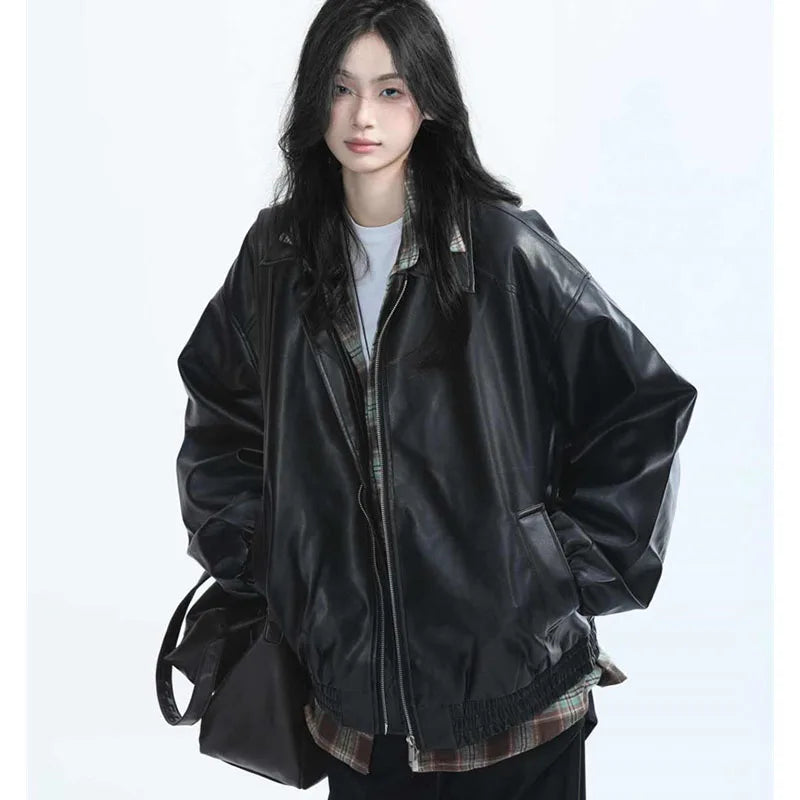 Women's Retro Faux Leather Zip-Up Jacket