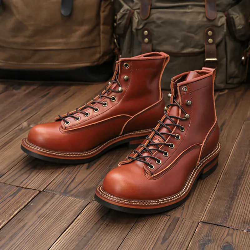 KOWM Hiking shoes men's walking boots British cowhide high top motorcycle boots ankle casual sneakers trekking shoes thick soled