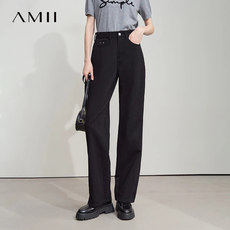 AMII Minimalist 2025 Autumn New Arrival Pants Minimalism Retro Casual Office Lady Pure Cotton Jeans Women Denim Trouser 12543141