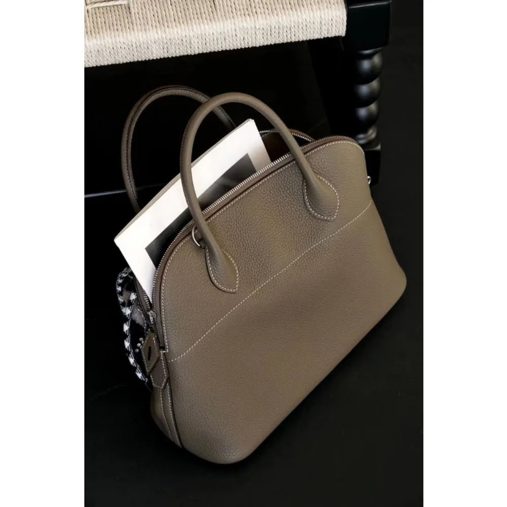 Premium Semi-handmade First-layer Cowhide Bowling Bag Portable Shoulder Large Shell Bag Commuting Temperament Versatile