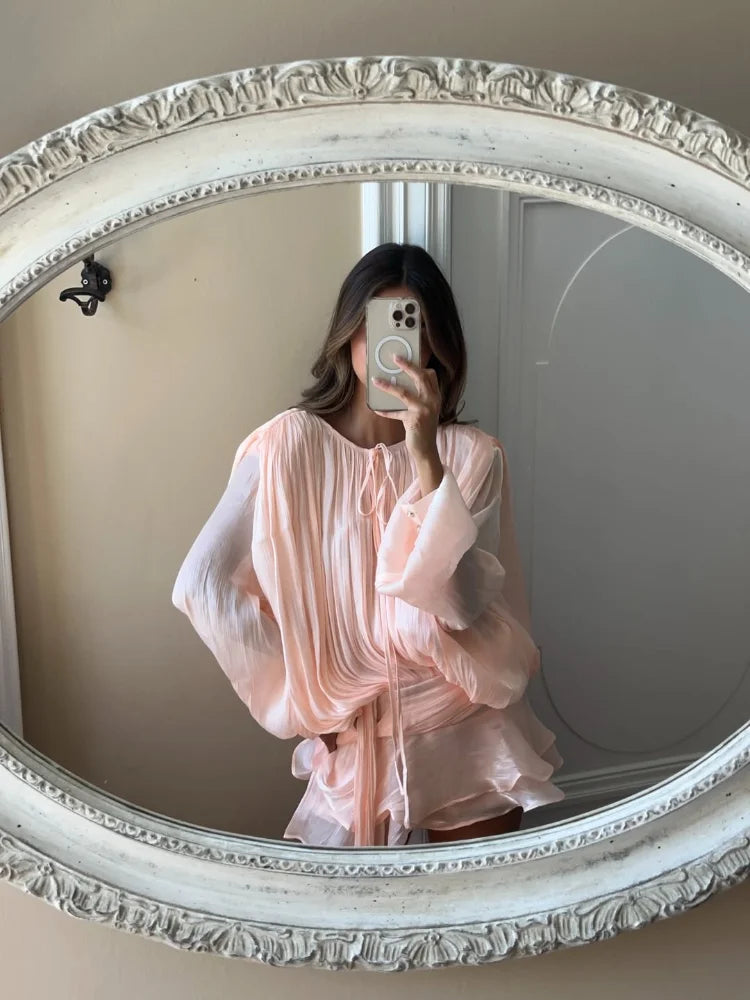 Elegant Lantern Sleeve Shiny Pleated Ankle-Length Party Dress