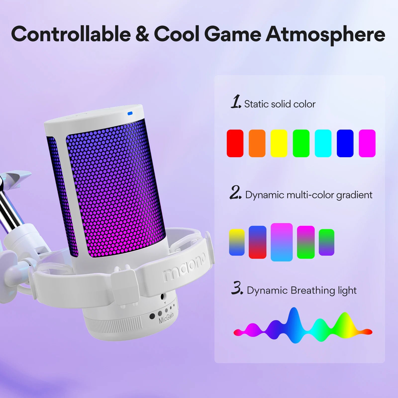 Maono Gamerwave DGM20S USB Microphone Gaming Mic Condenser Mic RGB Mic Noise Canceling Mic with Mic Gain RGB Light One Key Mute