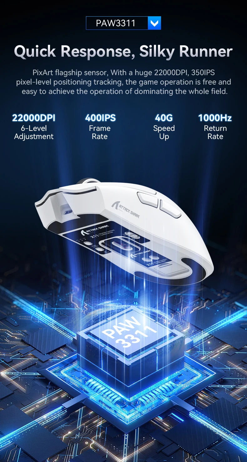 ATTACK SHARK X11 Intelligent Low Power Mouse Wireless 1000Hz PAW3311 Sensor 22000DPI and HUANO 20M Switches for Gaming Mouse