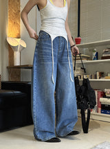 Spring/Summer New American Retro Fashionable High Waist Washed Used Cat Beard Jeans Loose Wide Leg Pants Women