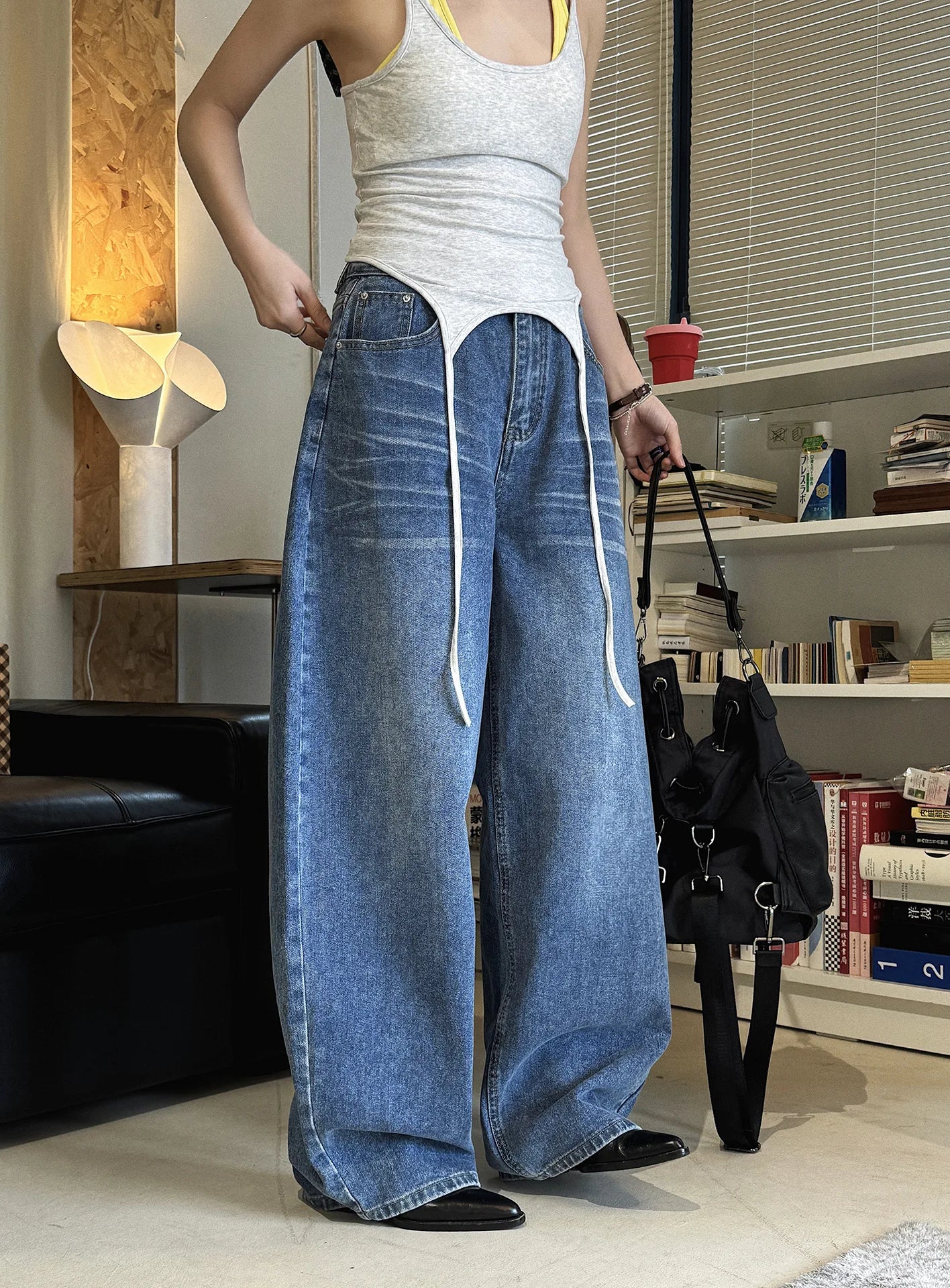 Spring/Summer New American Retro Fashionable High Waist Washed Used Cat Beard Jeans Loose Wide Leg Pants Women