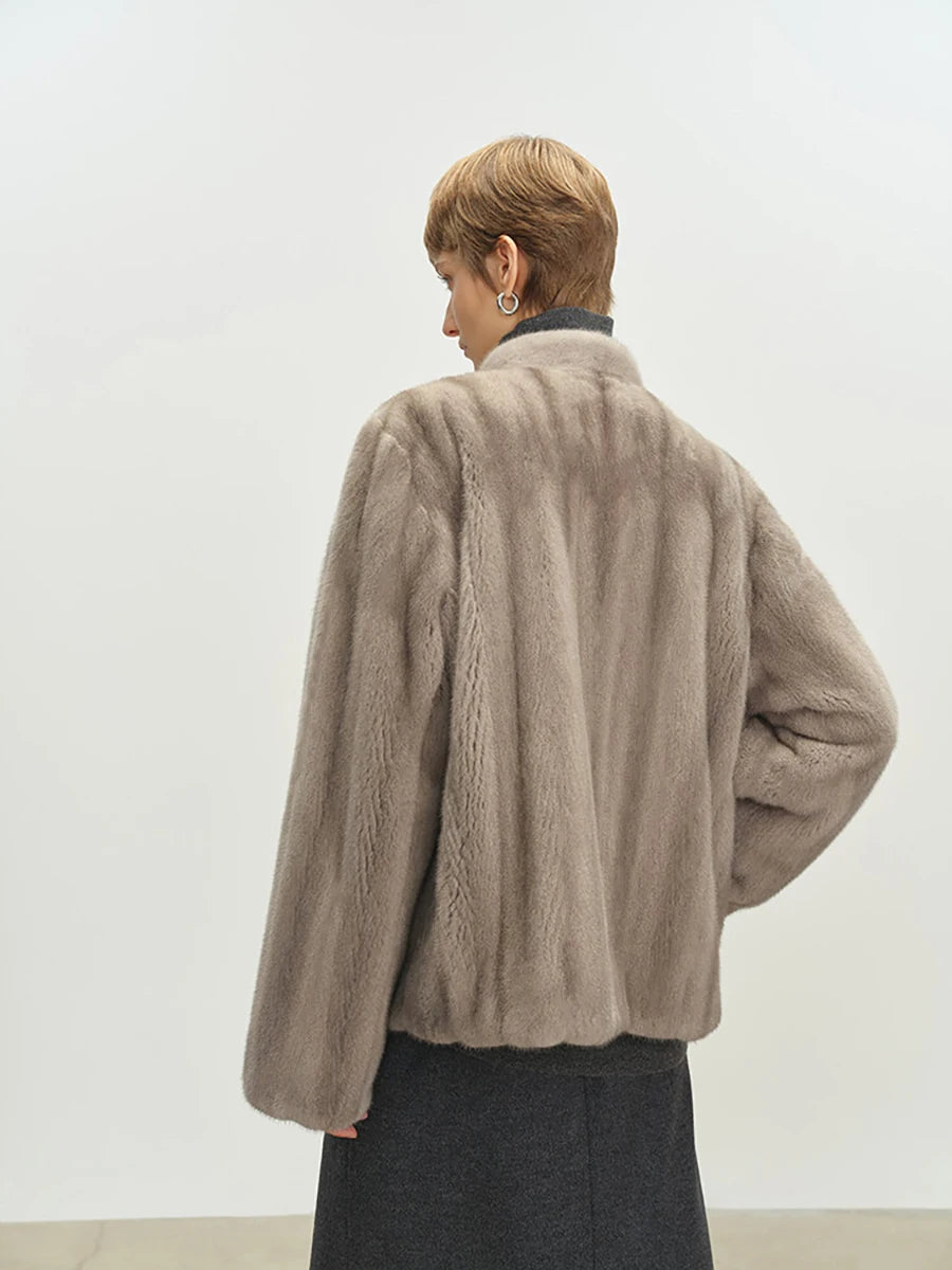 Women's Short Faux Fur Coat with Stand Collar