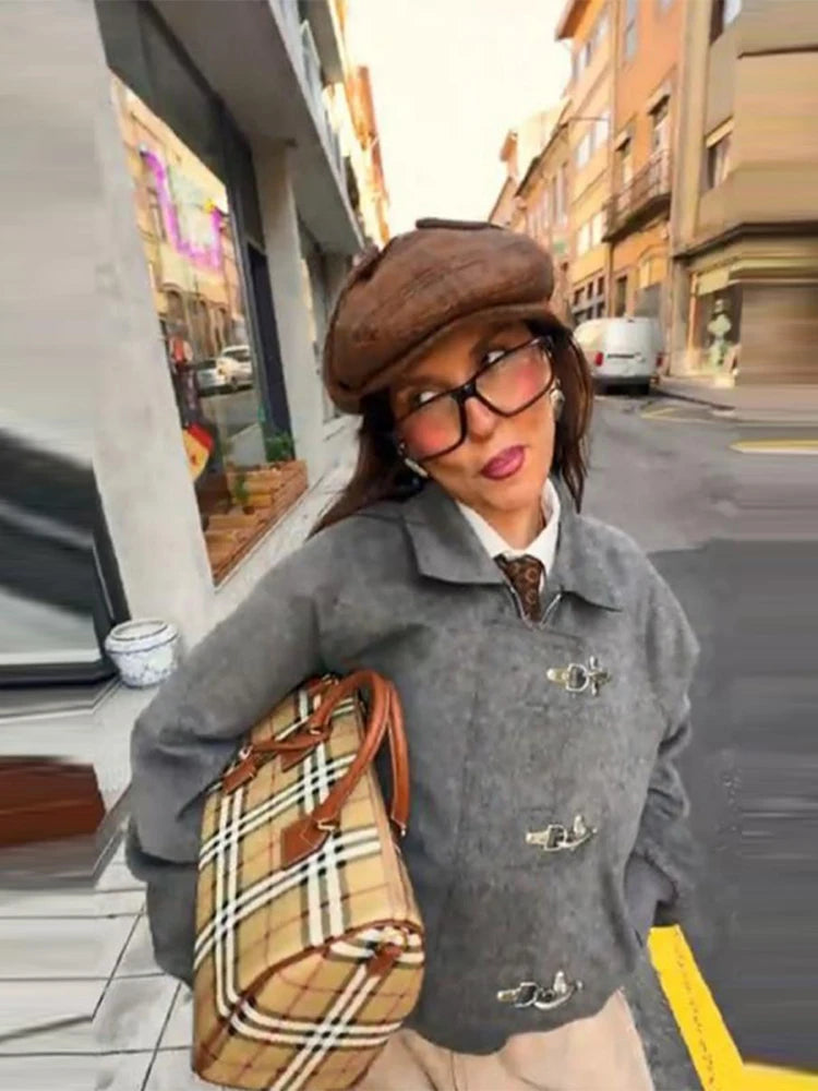 Women' S Vintage Autumn Winter Jacket Airplane Buckle Loose Lapel Coat Full Sleeve Outwears 2025 New Lady High Streetwears