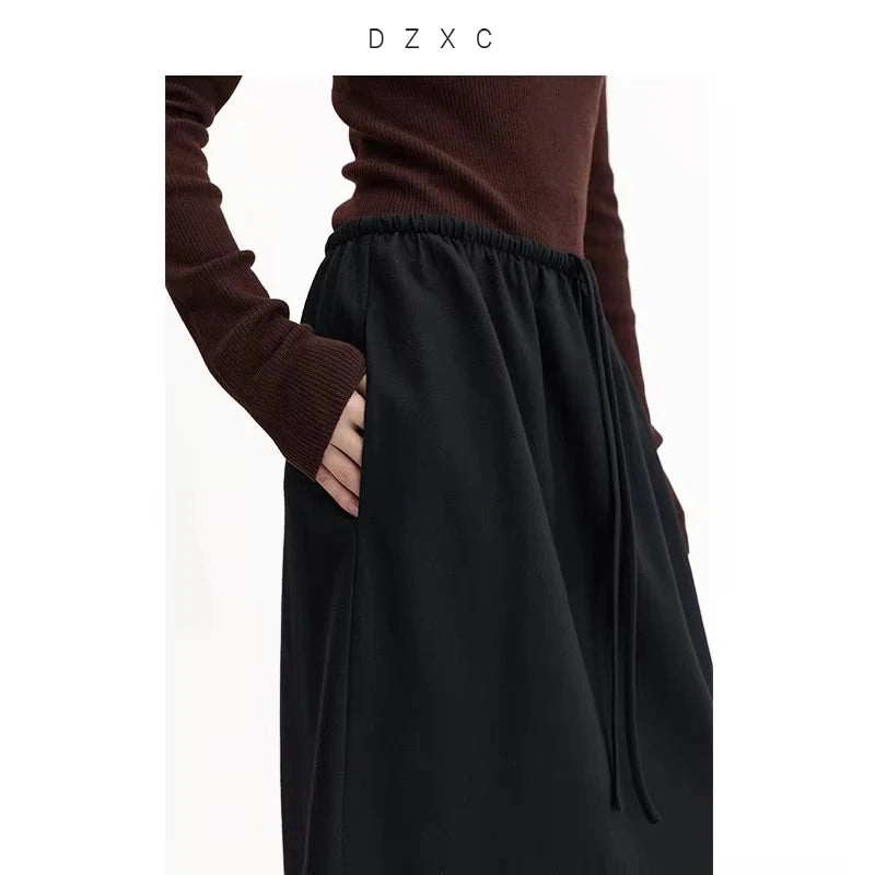 Elegant 100% Wool Elastic-Waist Skirt