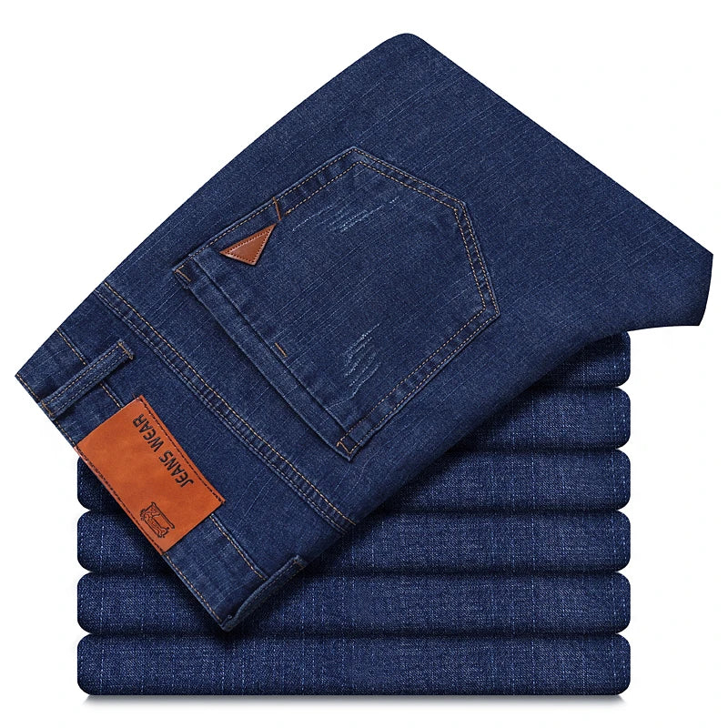 OUSSYU Brand Classic Retro Blue Men's Jeans Denim Pants Work Streetwear Straight Stretch Business Autumn Winter Cotton Trousers