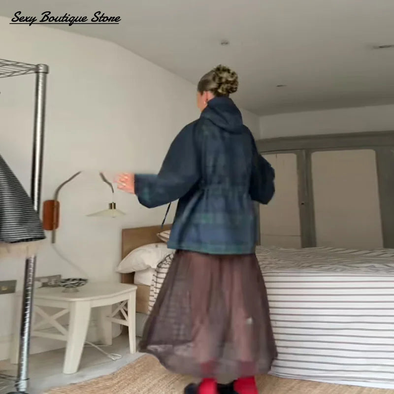 Vintage Plaid Oversized Hoodie Jacket for Women