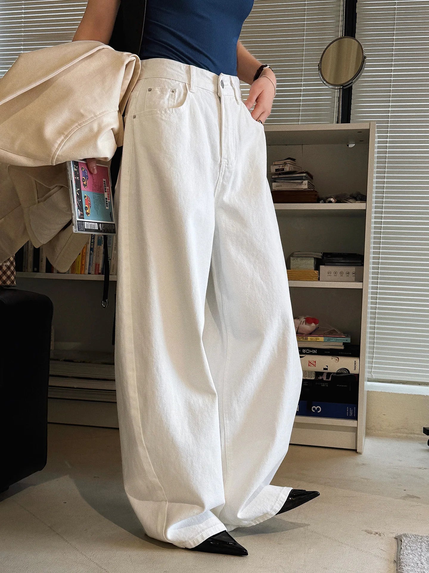 Spring/Summer New American Retro Fashionable High Waist Washed Used Cat Beard Jeans Loose Wide Leg Pants Women