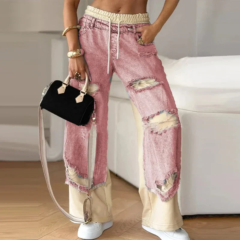 Women’s Casual Patchwork Drawstring Jeans