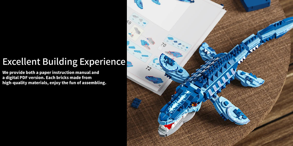 805PCS Blue Dinosaur Building Blocks Toys Model Mosasaurus Dinosaur Assemble Puzzle Bricks Toy Sets For Kid Ornament Gifts