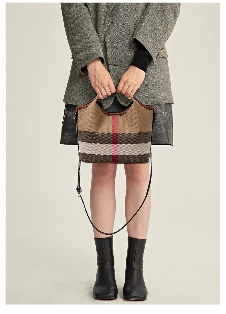 Leather plaid handbag, large-capacity mother bag, shopping basket, one-shoulder handbag