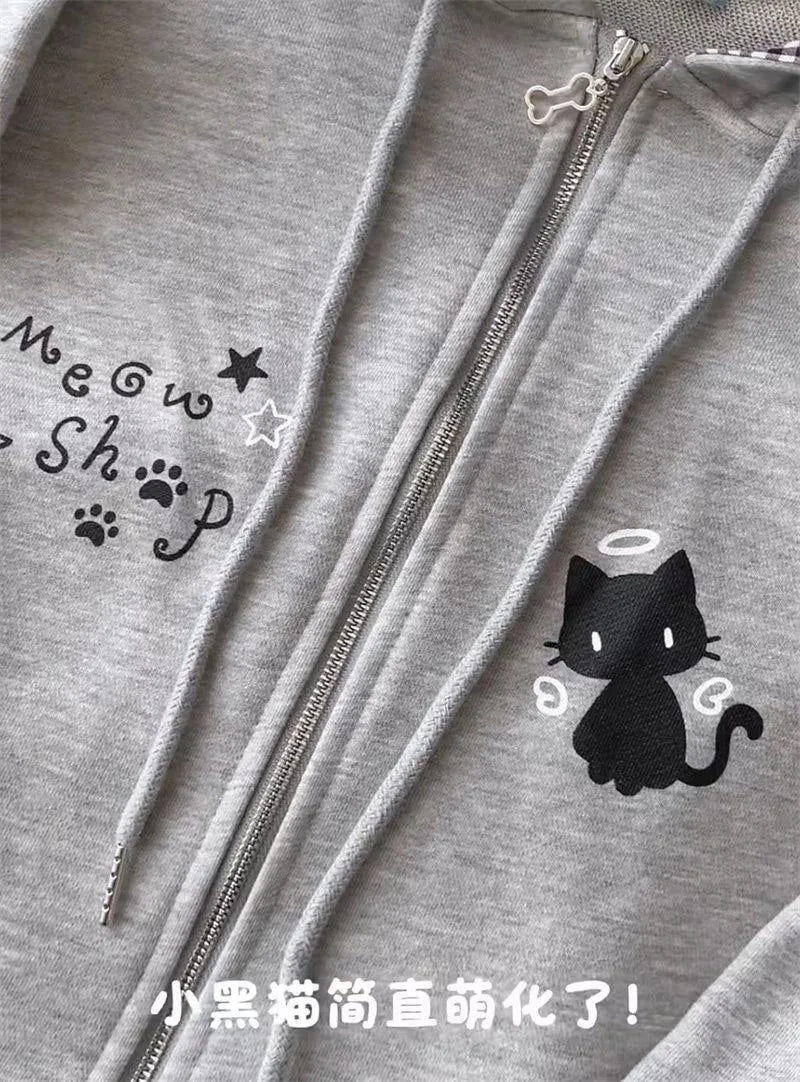 Women's Cute Cat Print Relaxed Zip-Up Hoodie