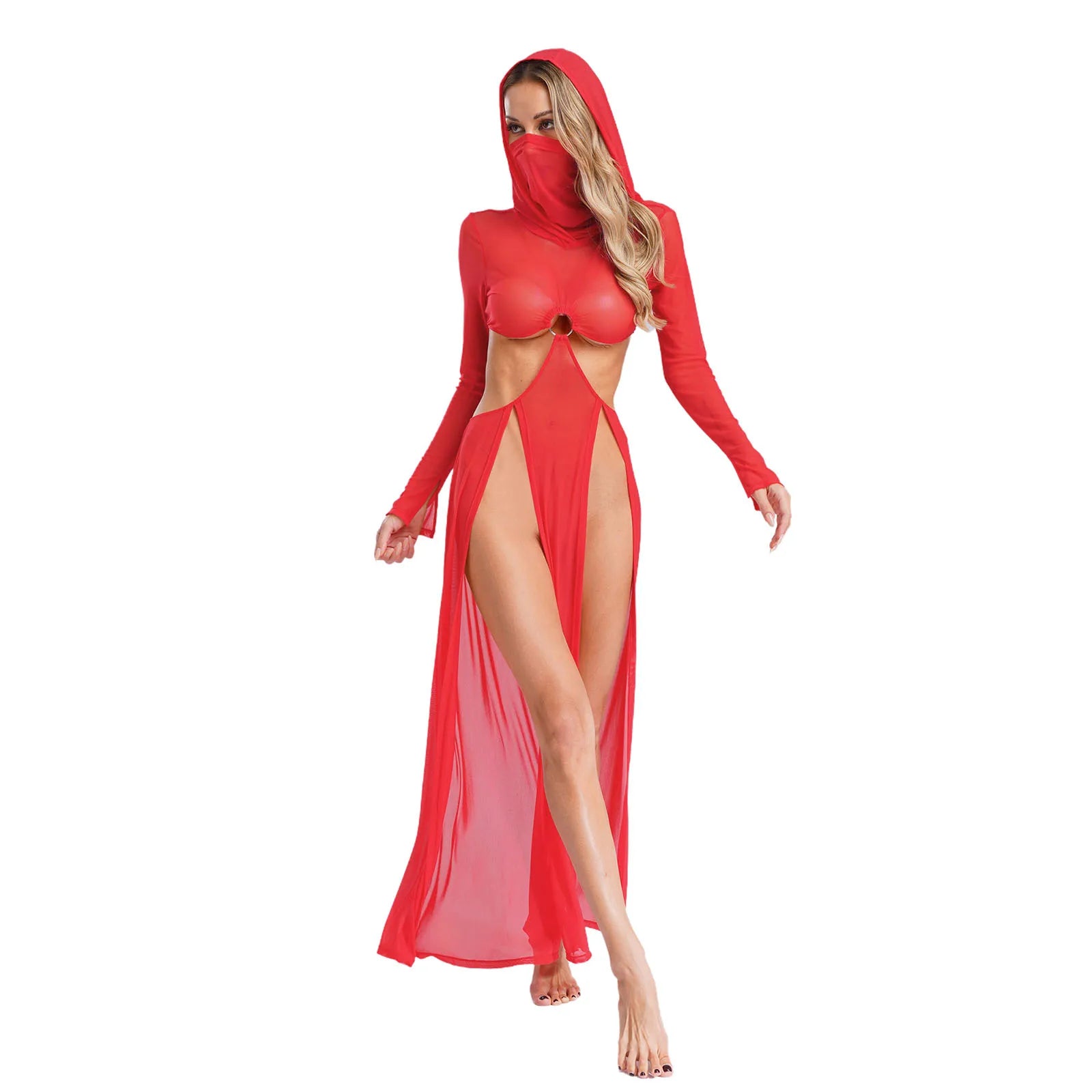 Women’s Hooded Mask Sheer Maxi Dress