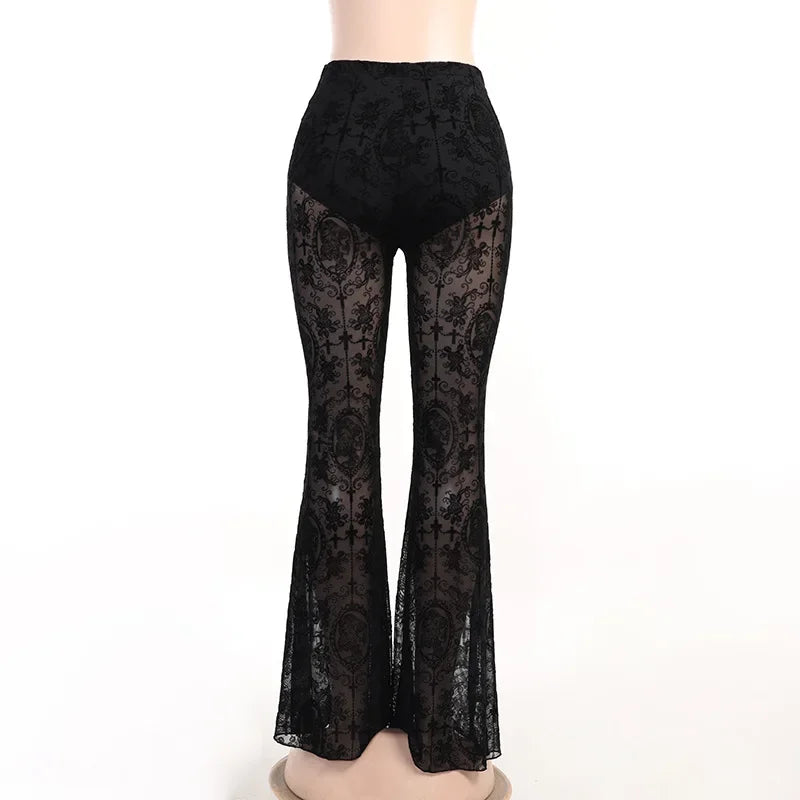 Women's High-Waist Mesh Lace Flare Pants