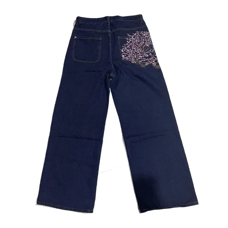 Y2K Harajuku Wide-Leg Jeans | Vintage Plum Blossom Embroidery