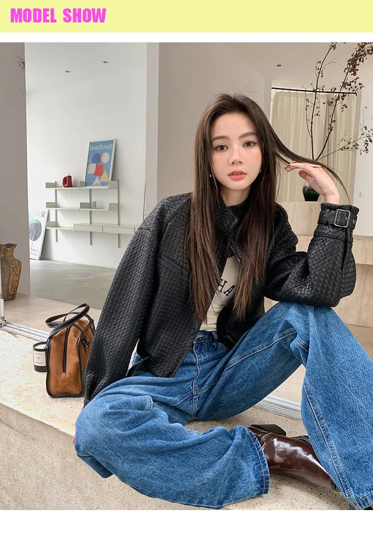 Natural Sheepskin Coat Women Autumn European and American Fashion Short Motorcycle Casual High Quality Hand-Woven Leather Jacket