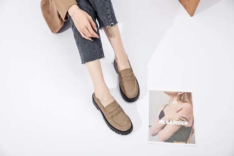 AIYUQI Women's Suede Square-Heel Loafers | British Style