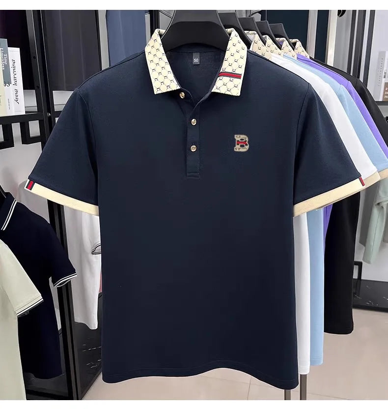 B Letter Embossed Short Sleeve Polo Shirt for Men