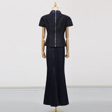 VGH Chic Two Piece Sets for Women Stand Collar Short Sleeves Spliced Pocket Tweed Top High Waist Maxi Skirts Vintage Suit Female